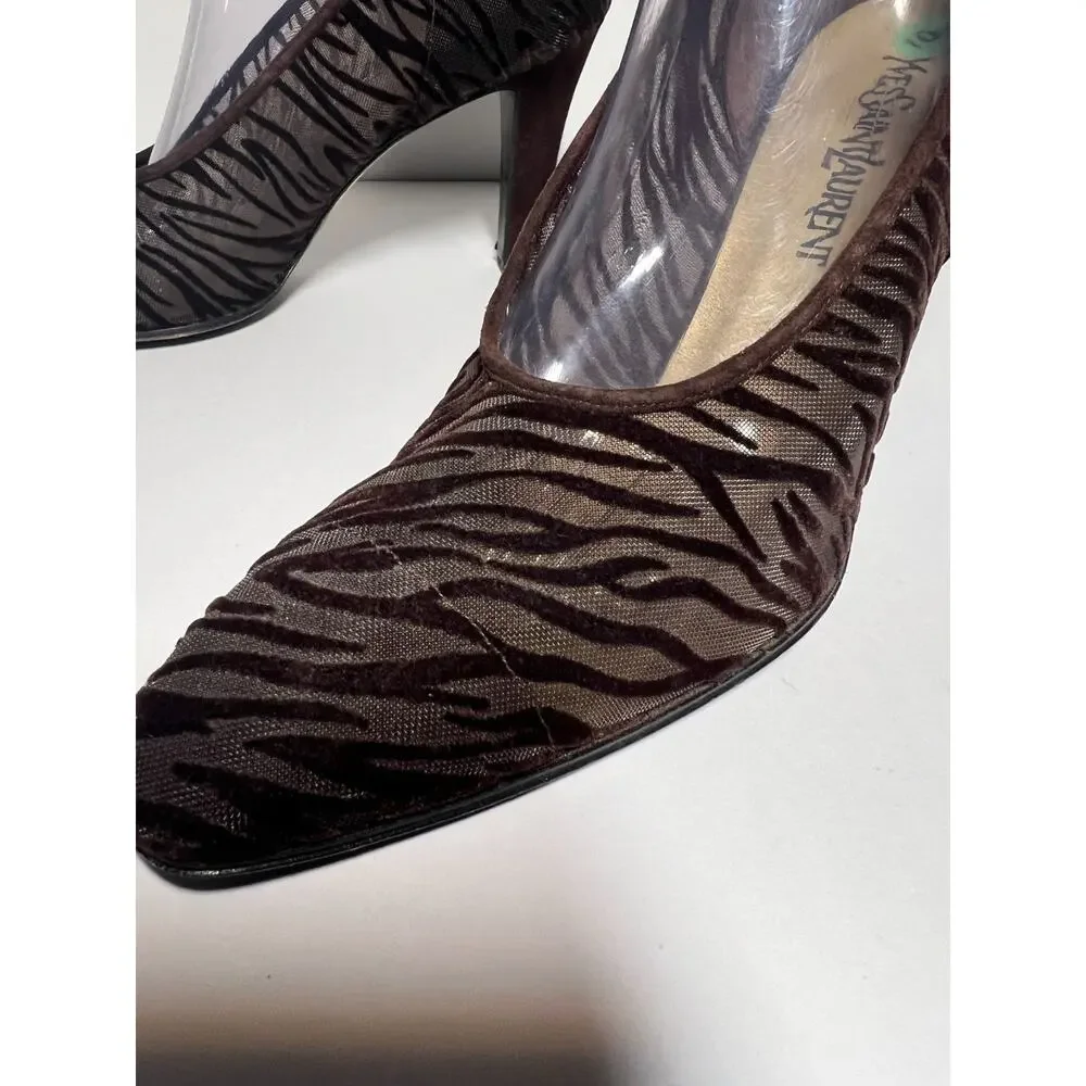 YSL Yves Saint Laurent Brown Velvet Zebra Burnout 3.5" Heel Pump Shoe Size 10 - Picture 4 of 8